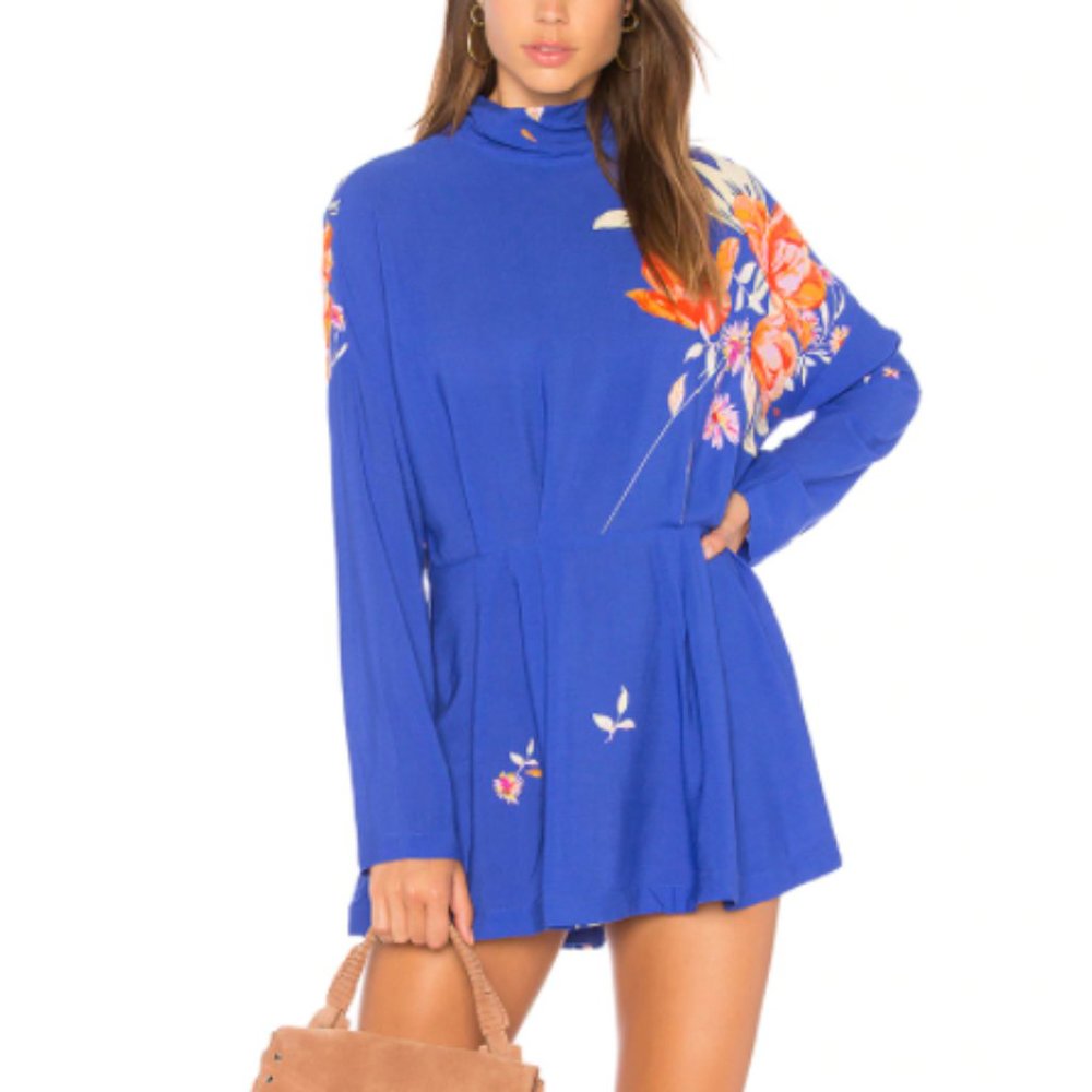 Free People Gemma Blue Floral Tie Neck Dress
